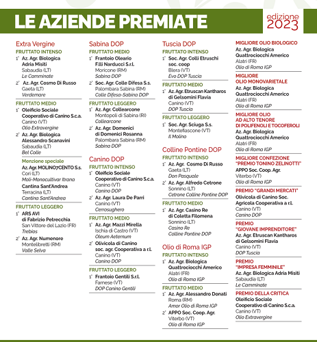 XXX edizione del concorso per i migliori olii extravergine di oliva di Roma e del Lazio